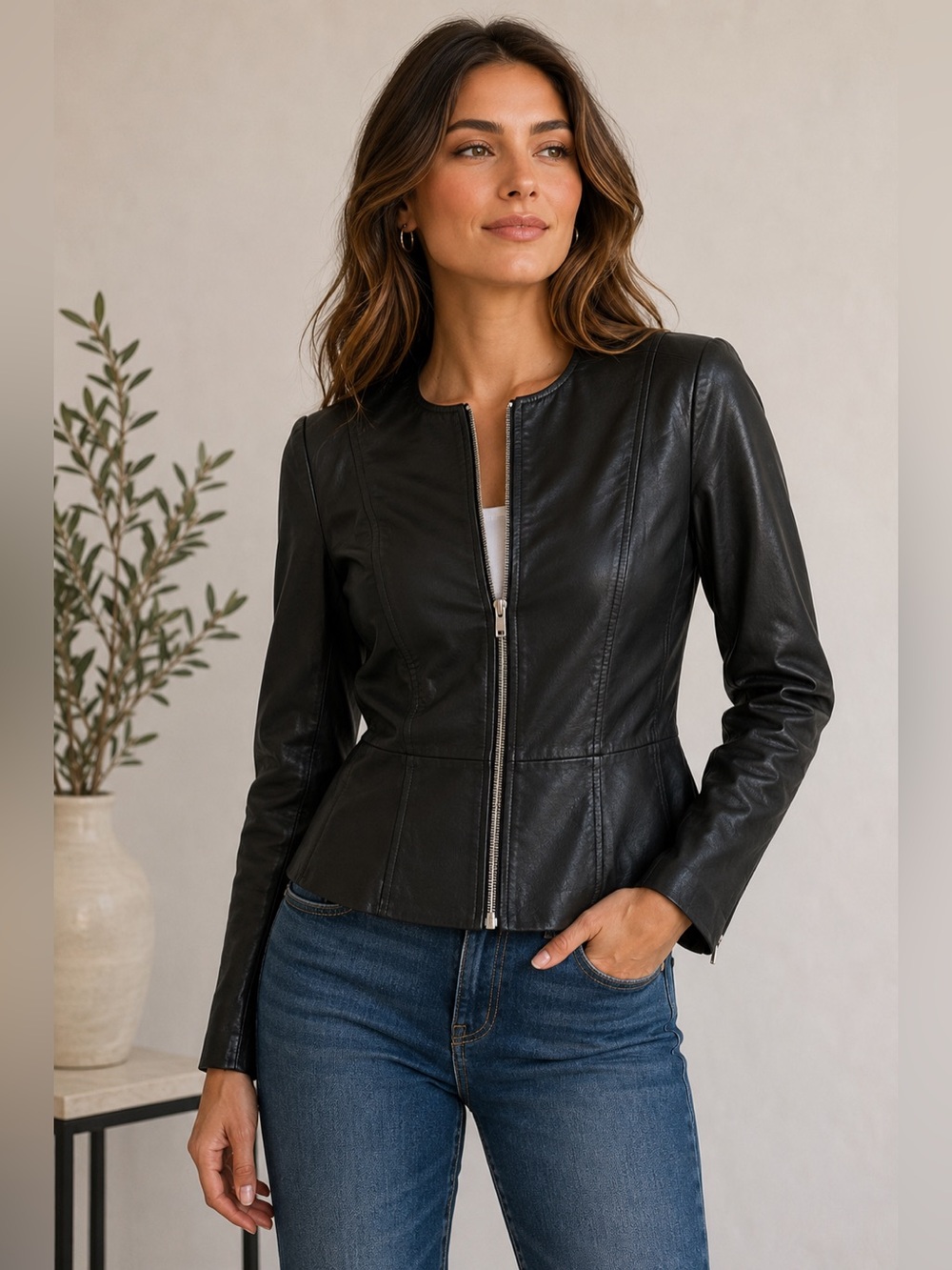 Badgley Mischka Black Leather Jacket Womens Small Peplum Zip Front Fitted Lined